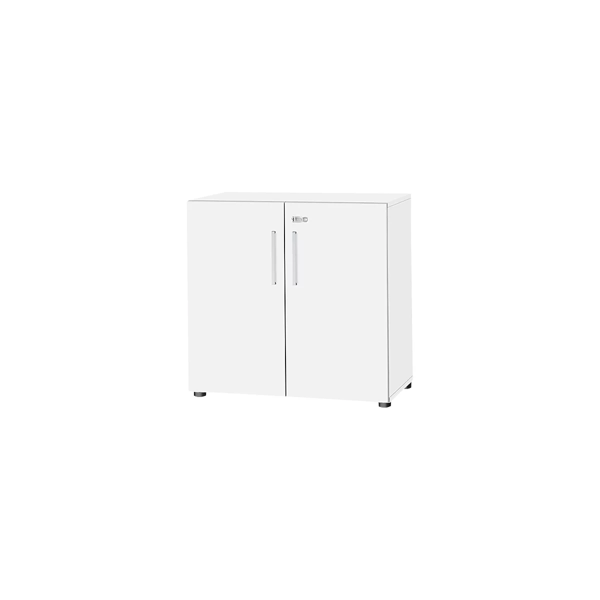 White cabinet with two doors, silver handles and black feet.