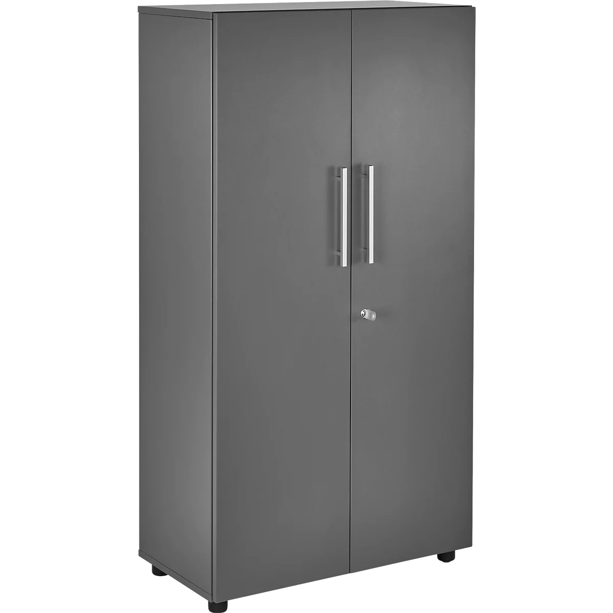 Grey cabinet with two doors, silver handles, and a keyhole.