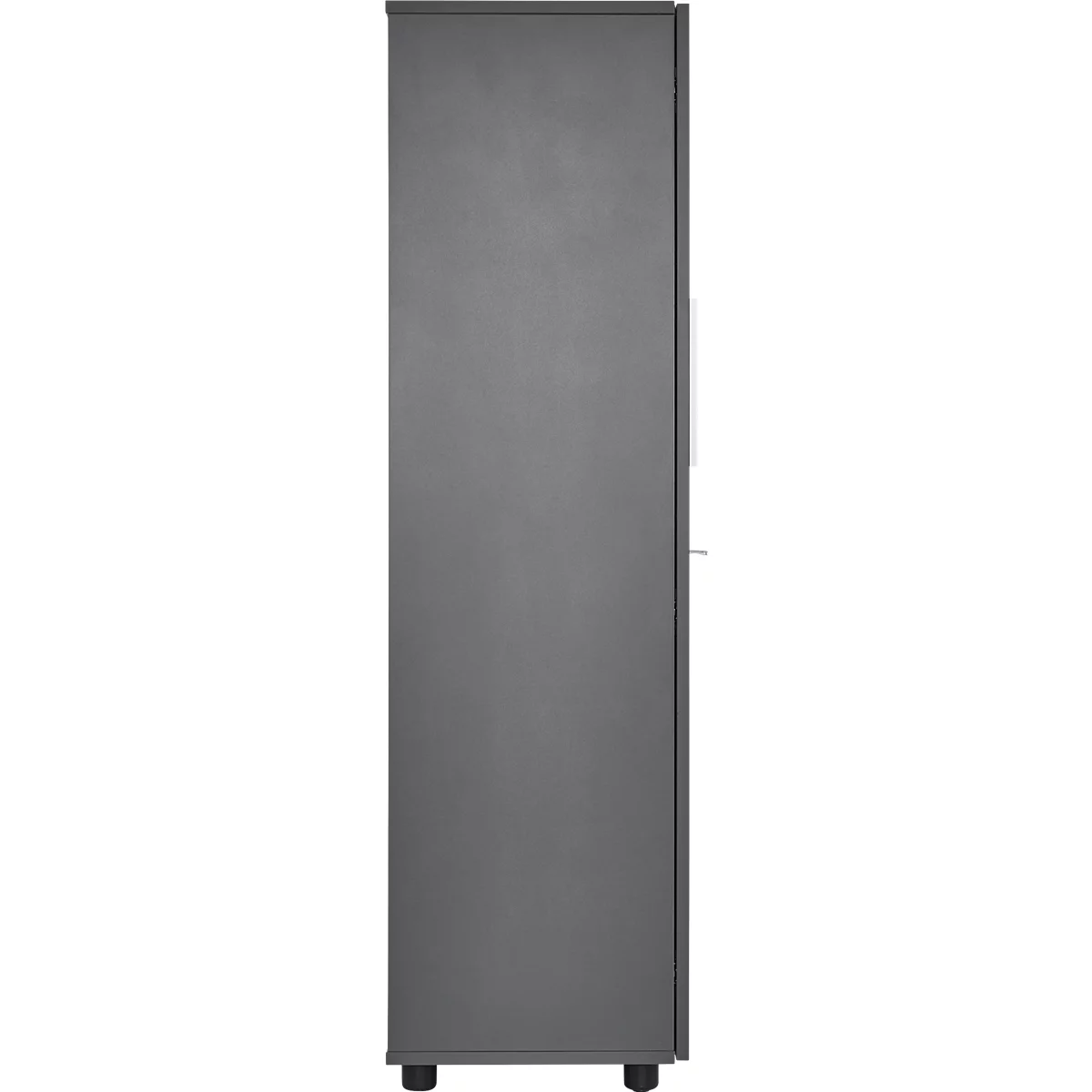 A gray cabinet, narrow shape, stands on small black feet.