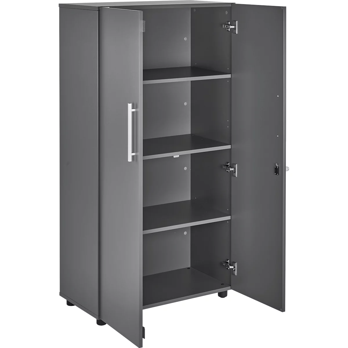 Grey cabinet with open doors. It has four shelves. On the left side is a metal handle.