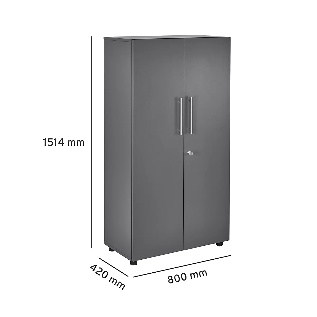 Grey cabinet with two doors, silver handles and a lock. Dimensions: 1514x800x420 mm.