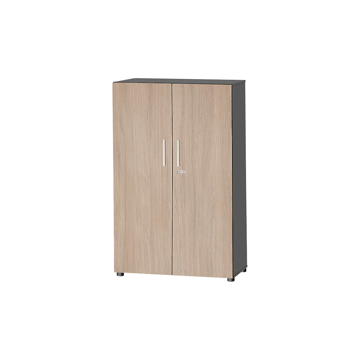 Wardrobe with two doors, light wood look, silver handles, gray body and lid.