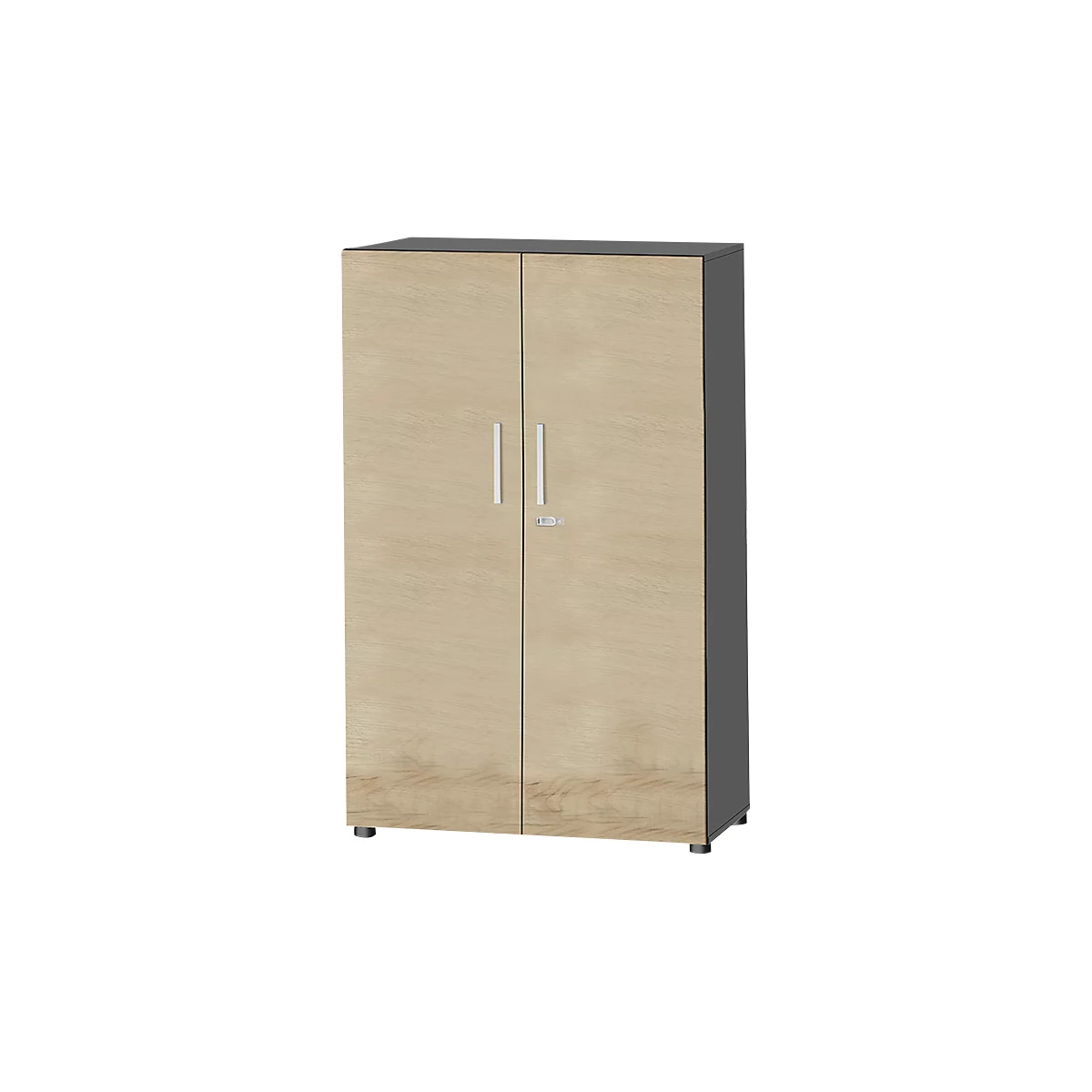 Cabinet with light wooden doors, gray frame and silver handles. Dark gray top and sides.
