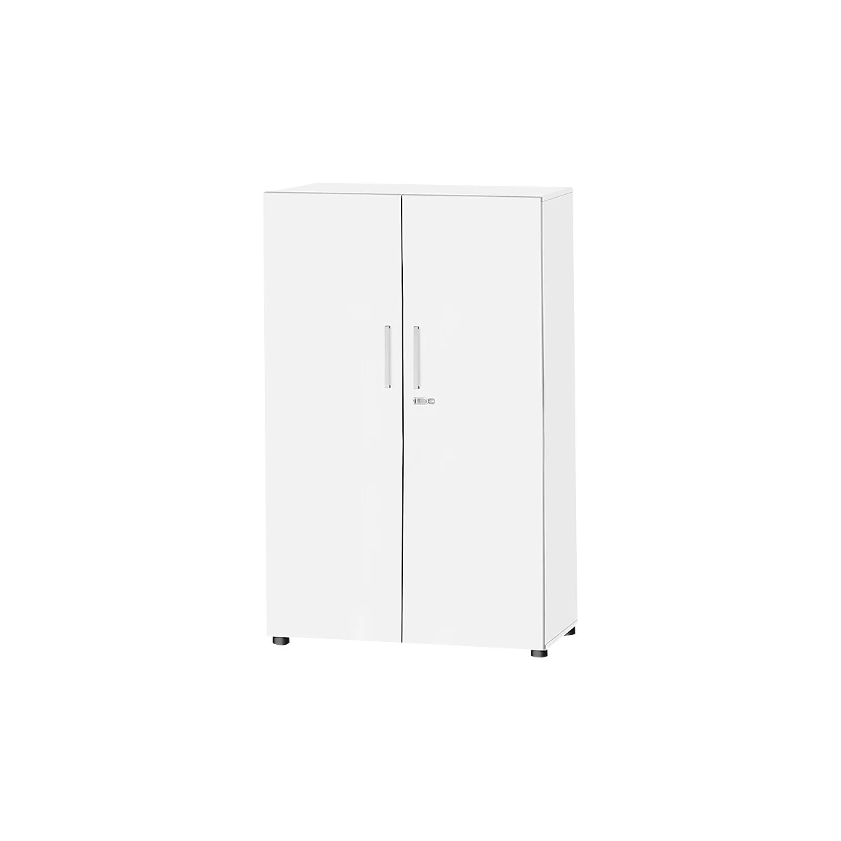 White cabinet with two doors, silver handles, and small lock.