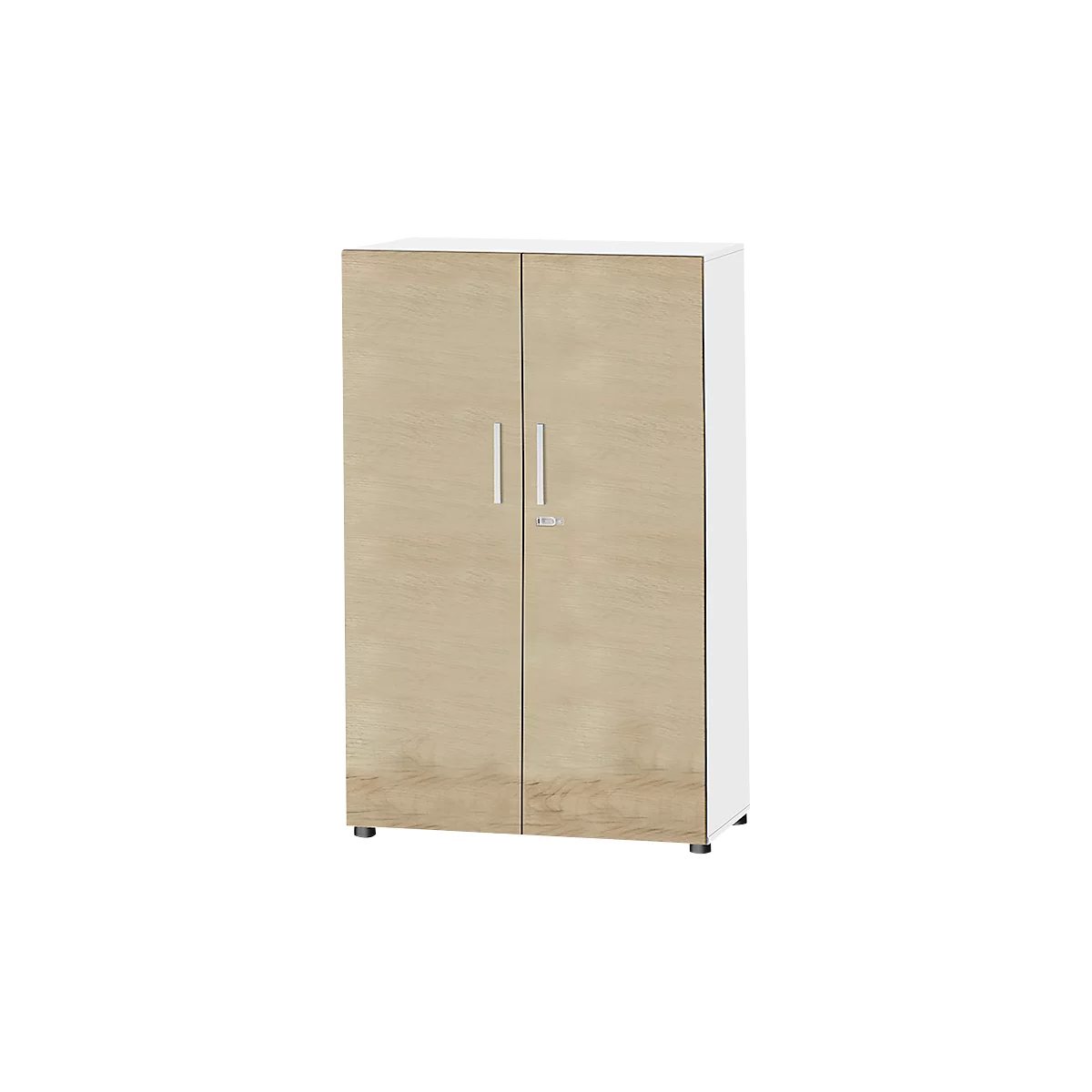 Wooden-look cabinet with two doors, silver handles, and a small lock.