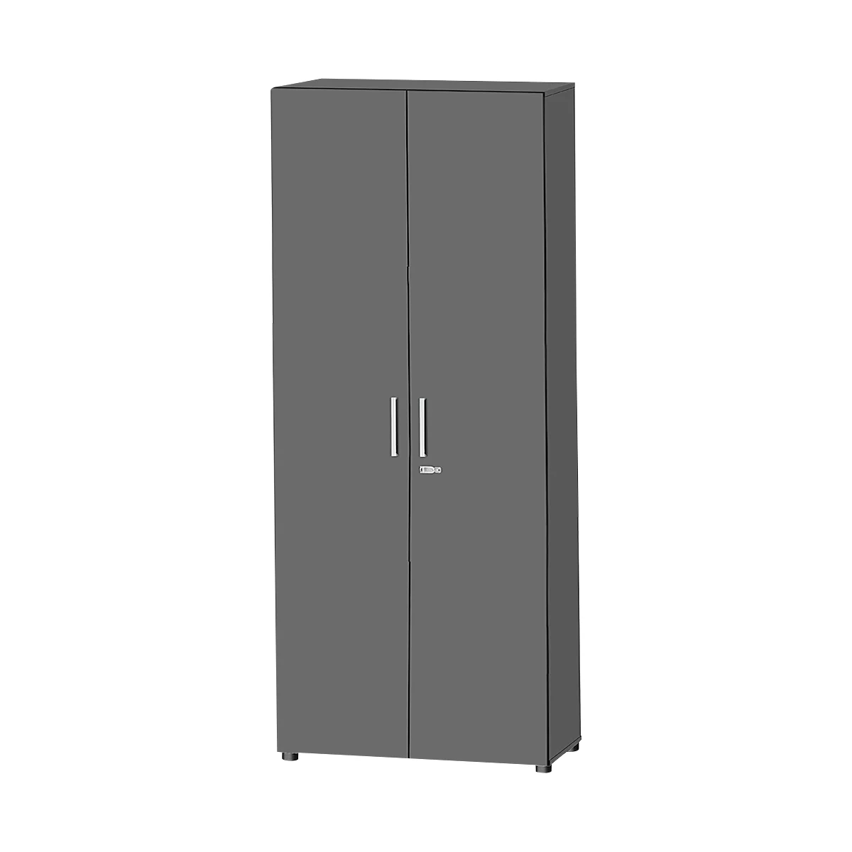 A gray cabinet with two doors, handles, and a lock.
