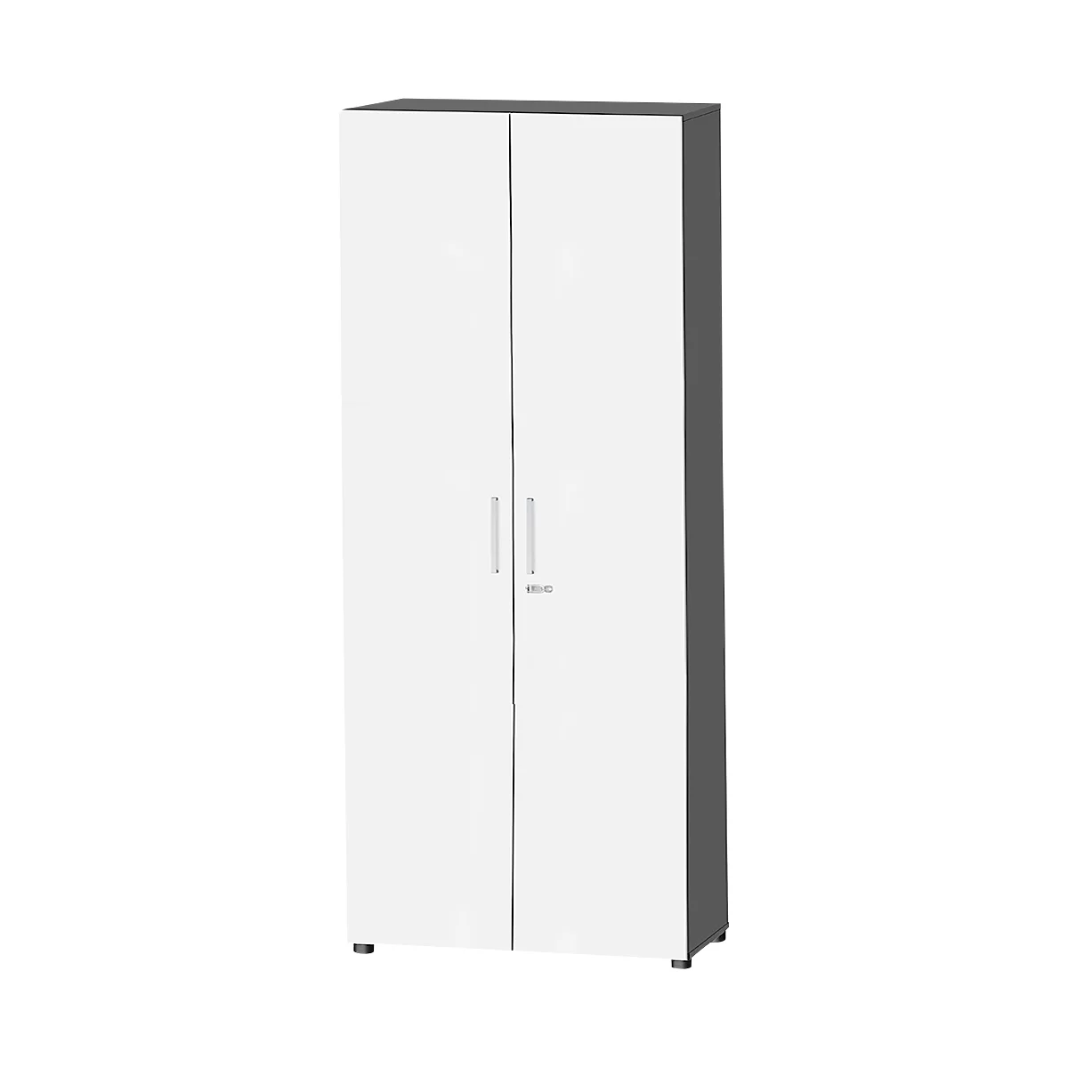A white cabinet with two doors, silver handles, and gray side panels. Standing on small black feet.