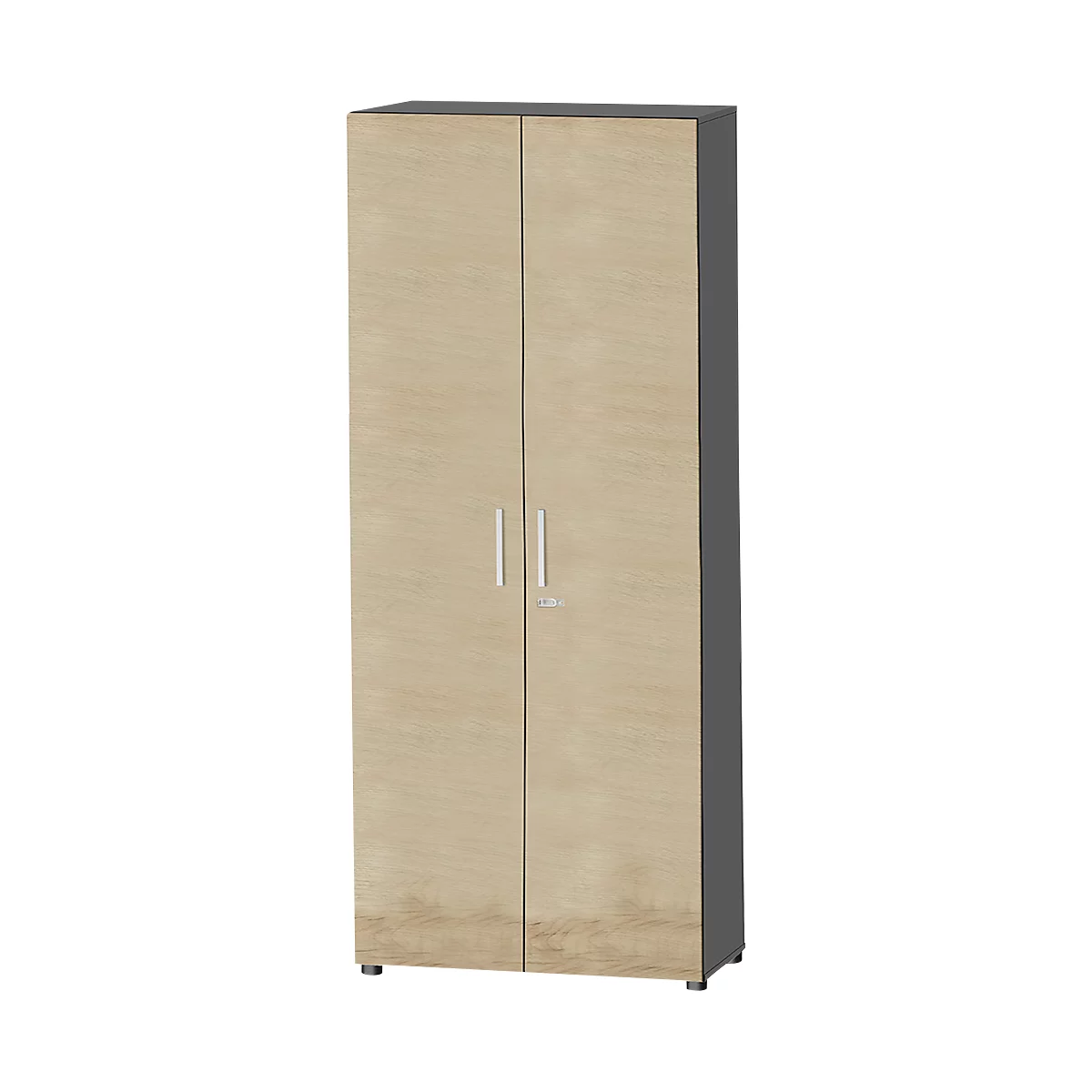 A light, wood-colored cabinet with two doors and silver handles. A keyhole is placed in the middle.