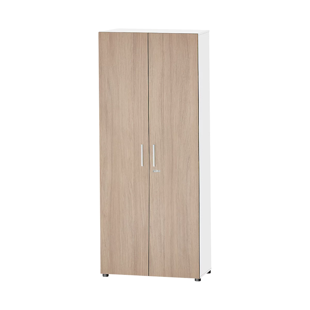 A tall cabinet with two doors made of light brown wood. The sides are white, it has two silver handles and a lock.