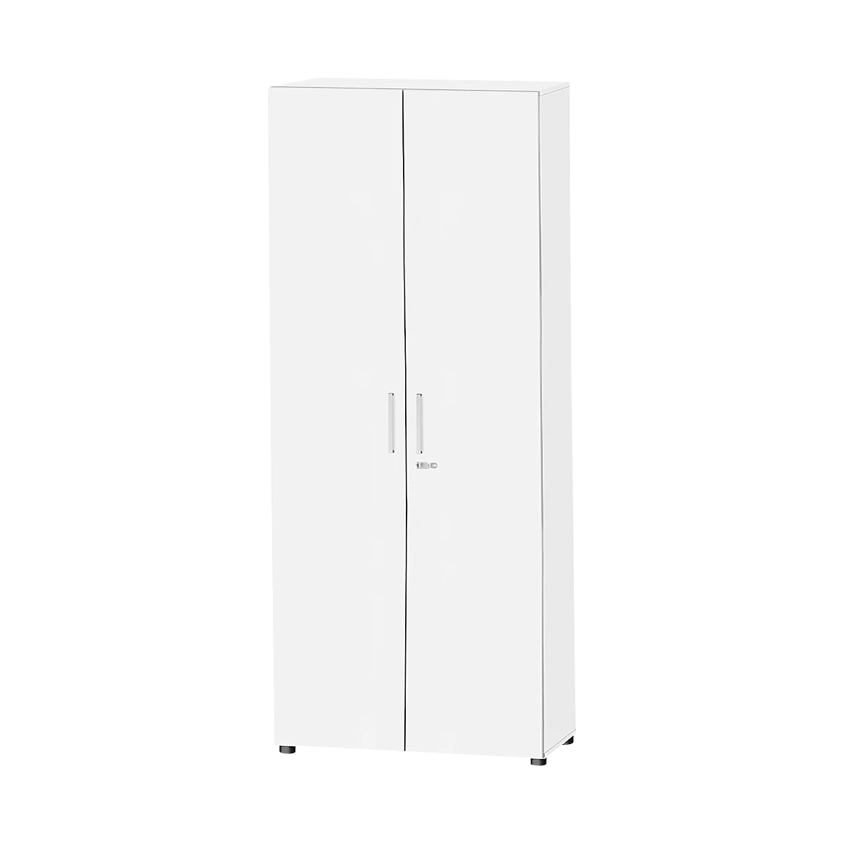 A white cabinet with two doors and silver handles, against a white background.