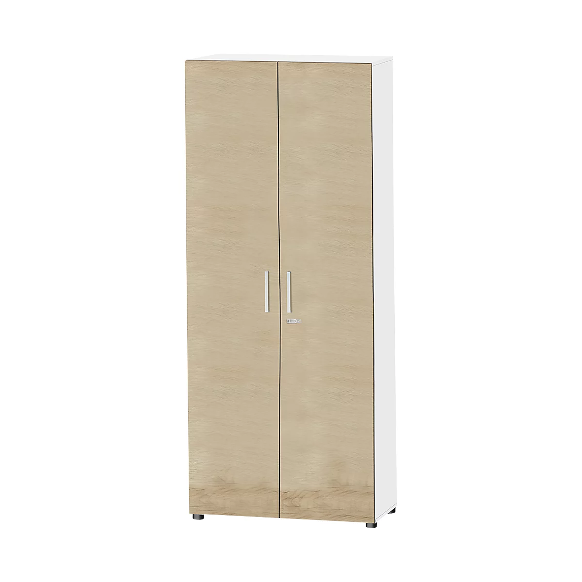 A tall cabinet with two wood-look doors. The sides and top are white. There are metal handles and a lock on the doors.