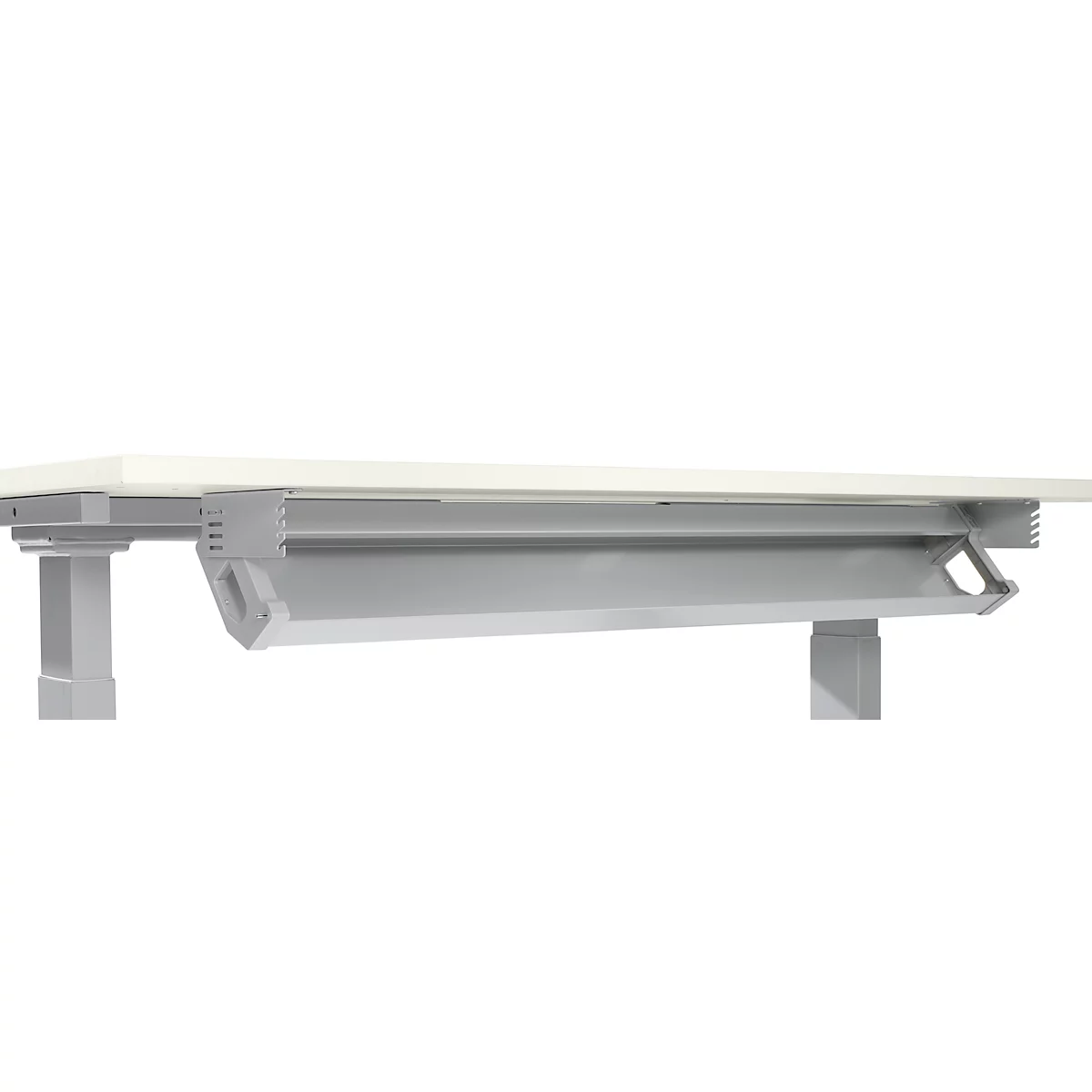 Gray cable tray under light desk. Detailed, ideal for organizing cables and connections.