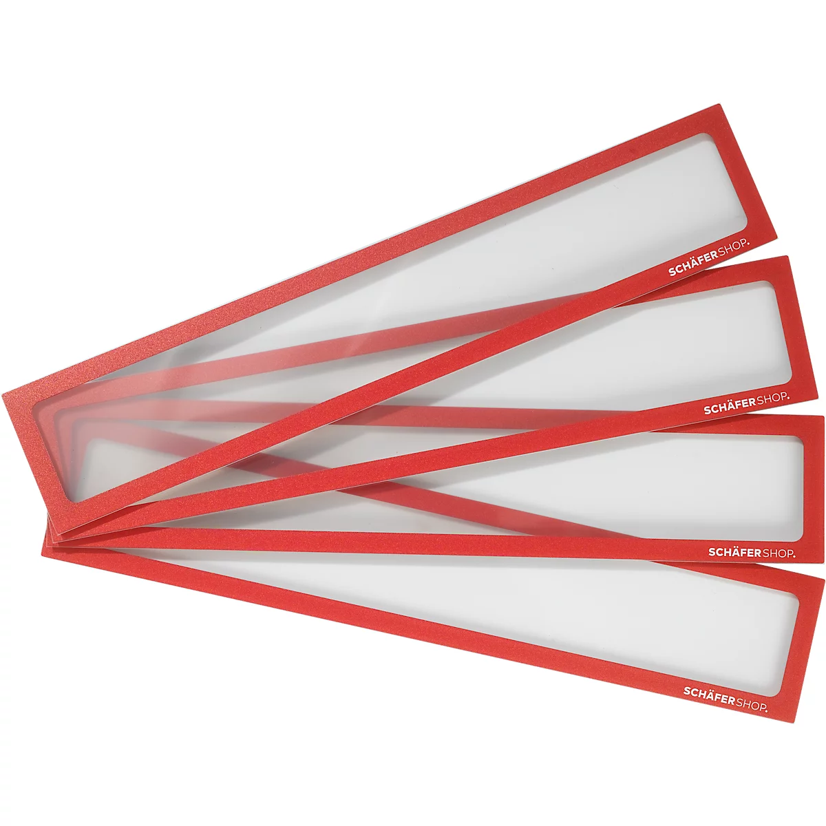 Cinq cadres rectangulaires rouges avec intérieurs blancs se chevauchent. "Schäfer Shop" est écrit sur le bord.