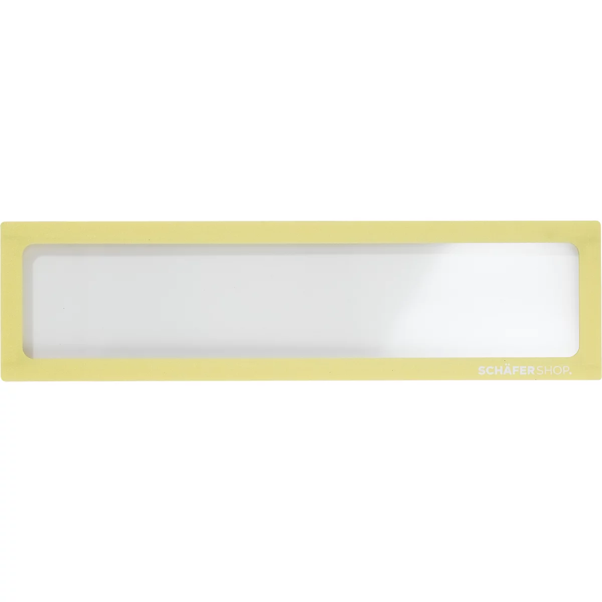 Porte-badge jaune avec intérieur blanc, texte "SCHÄFER SHOP".