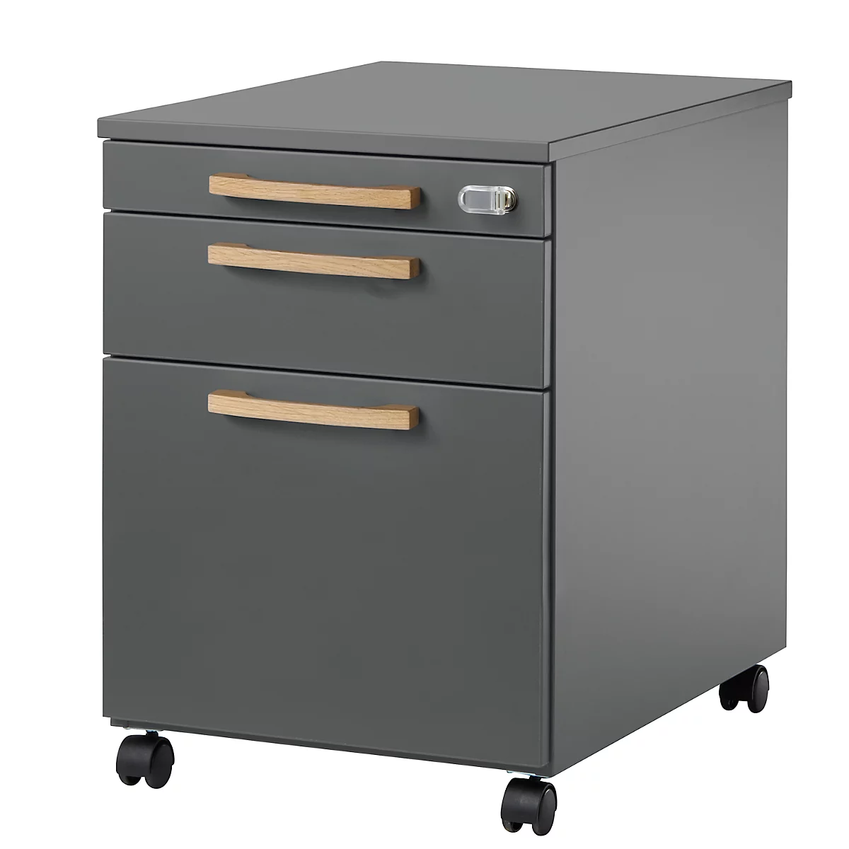 Schäfer Shop Select Caisson à roulettes Start Off Wood, tiroir, dossiers suspendus &amp; tiroir à ustensiles, L 432 x P 580 x H 595 mm, graphite 