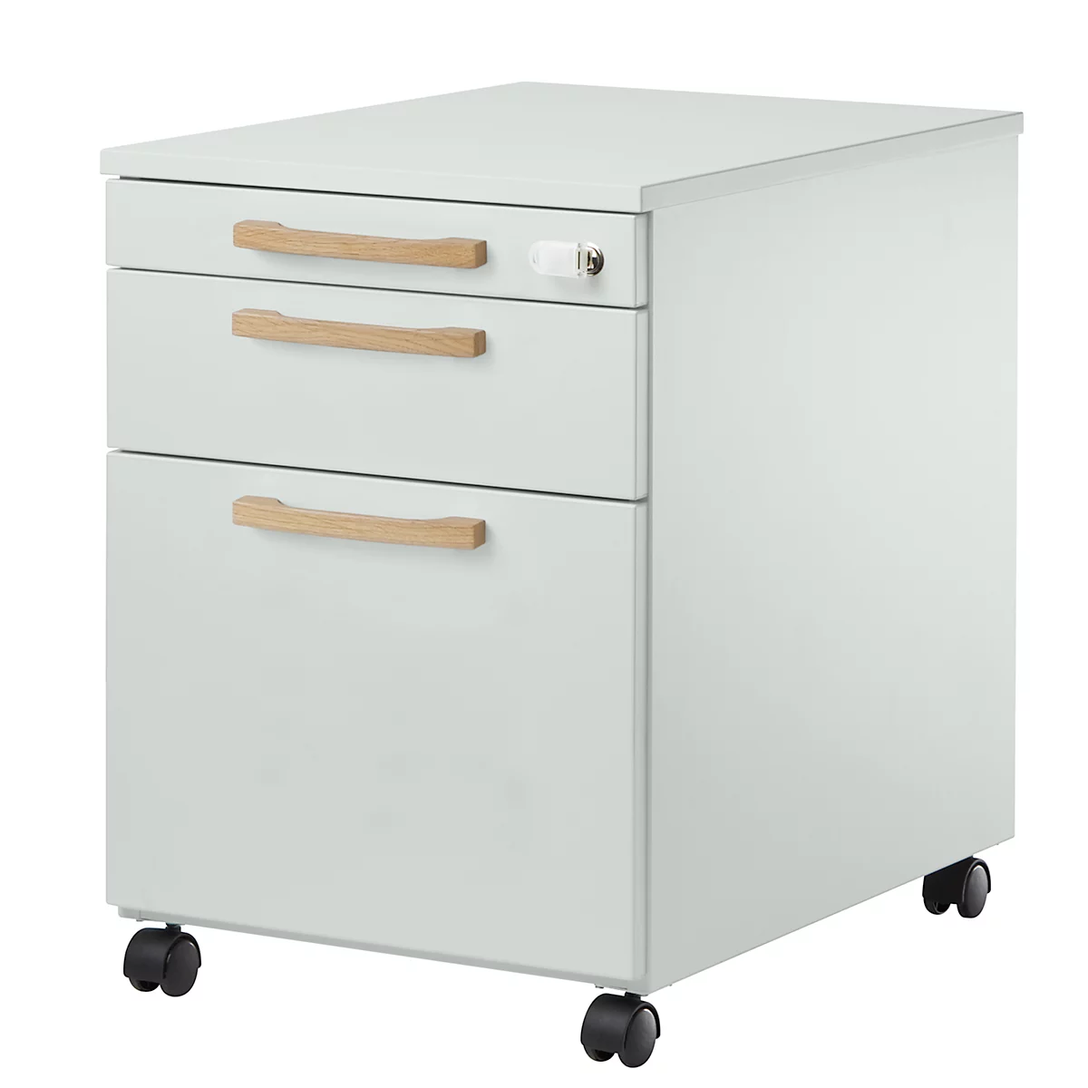 Schäfer Shop Select Caisson à roulettes Start Off Wood, tiroir, dossiers suspendus &amp; tiroir à ustensiles, L 432 x P 580 x H 595 mm, gris clair 
