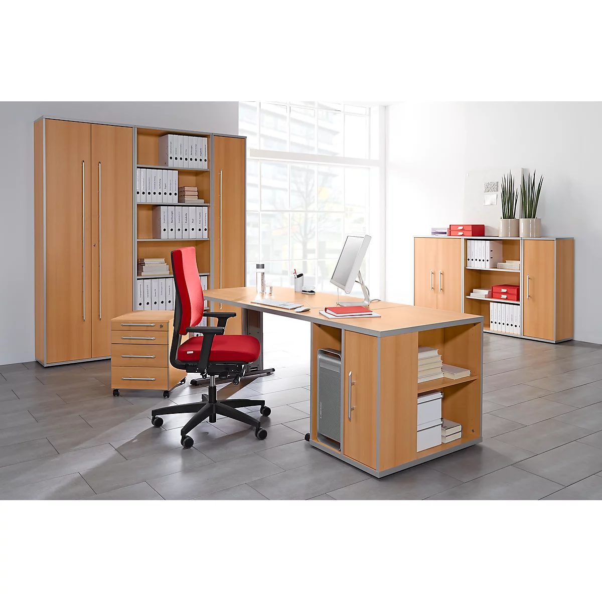 Schäfer Shop Select Caisson mobile MOXXO IQ 1233, poignée incurvée, 1 tiroir-plumier, 3 tiroirs, l. 432 x P 580 x H 595 mm, verrouillable, décor hêtre
