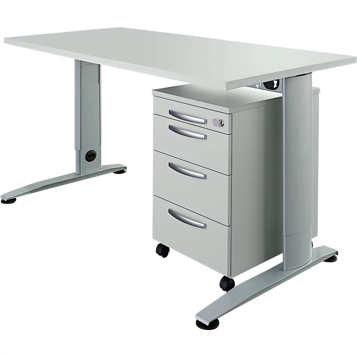 Bureau gris clair avec pieds réglables en hauteur et caisson à tiroirs.