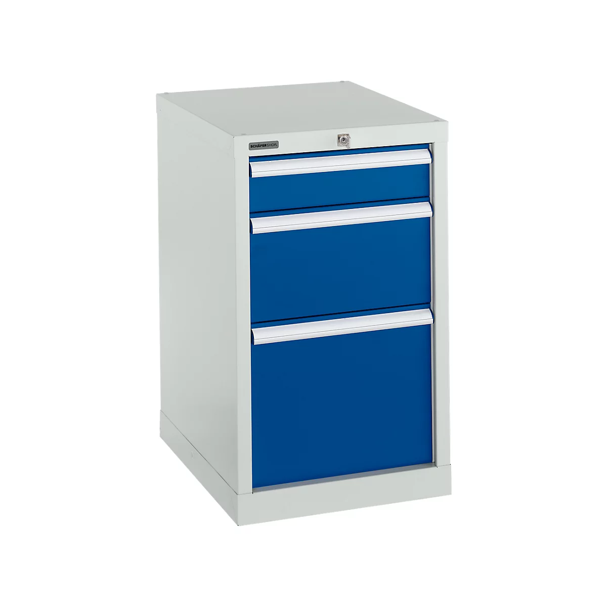 Schäfer Shop Select cajonera 18-27, 3 cajones (H 100/200/300mm), hasta 75 kg, A 411 x P 572 x H 700 mm, azul genciana/gris claro