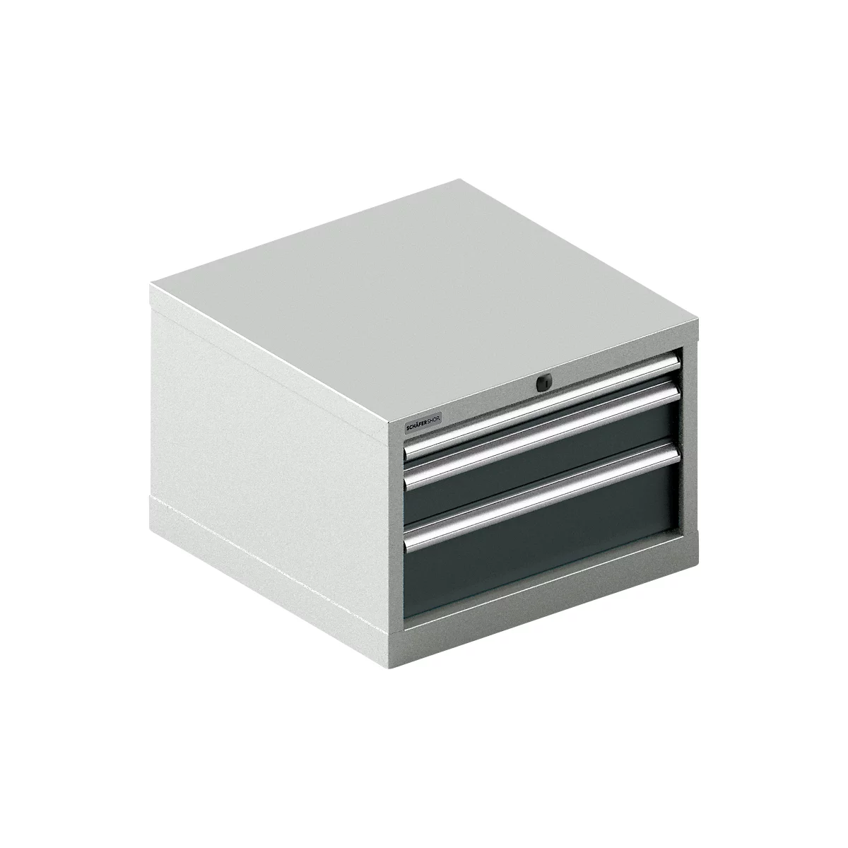 Caja de herramientas gris con dos cajones y asas plateadas. Hay una cerradura en la parte superior.