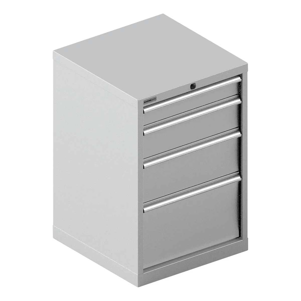Gabinete gris con cuatro cajones y tiradores plateados.
