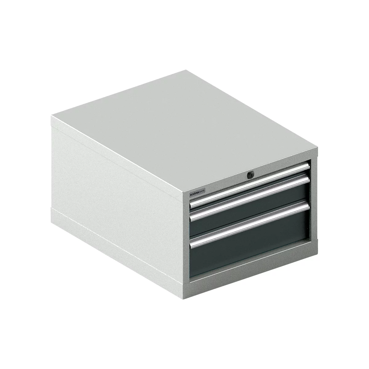 Caja de herramientas gris con dos cajones. Los cajones tienen asas plateadas y son de color gris oscuro.
