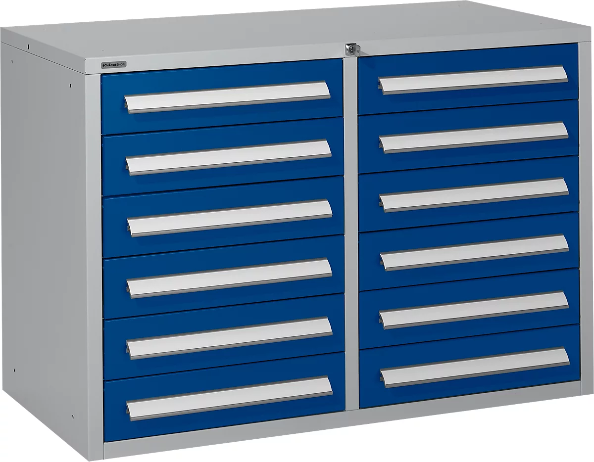 Schäfer Shop Select cajonera SF 120, 12 cajones con placas de identificación, con cerradura, anchura 1055 x profundidad 500 x altura 723 mm, aluminio blanco RAL 9006/azul benigno RAL 5010