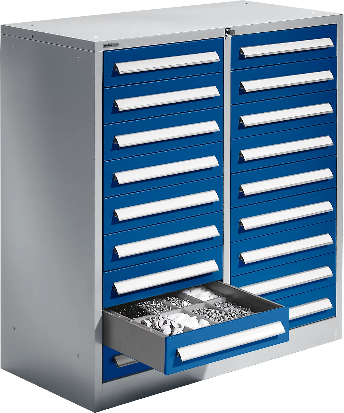 Schäfer Shop Select cajonera SF 180, 18 cajones, aluminio blanco RAL 9006 mono azul RAL 5010