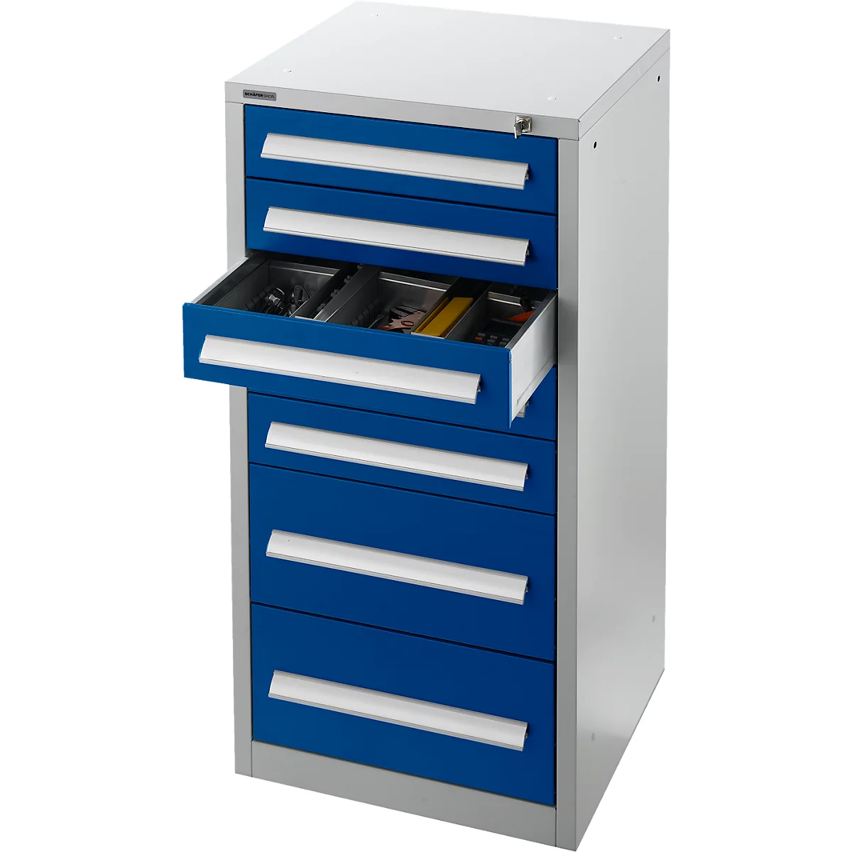 Schäfer Shop Select cajonera SF 70, 7 cajones, aluminio blanco RAL 9006 azul genciana RAL 5010