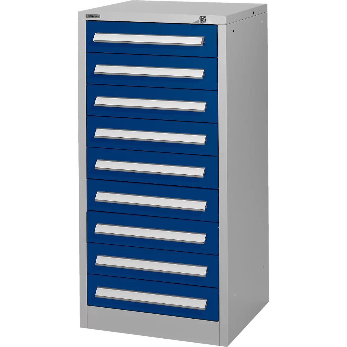 Schäfer Shop Select cajonera SF 90, 9 cajones, aluminio blanco RAL 9006 mono azul RAL 5010