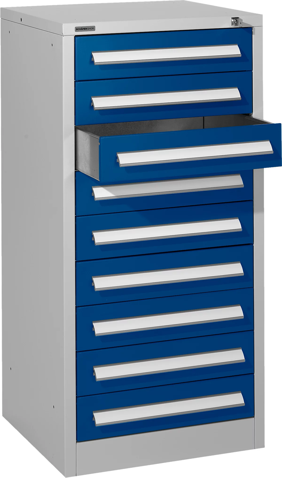 Schäfer Shop Select cajonera SF 90, 9 cajones, aluminio blanco RAL 9006 mono azul RAL 5010