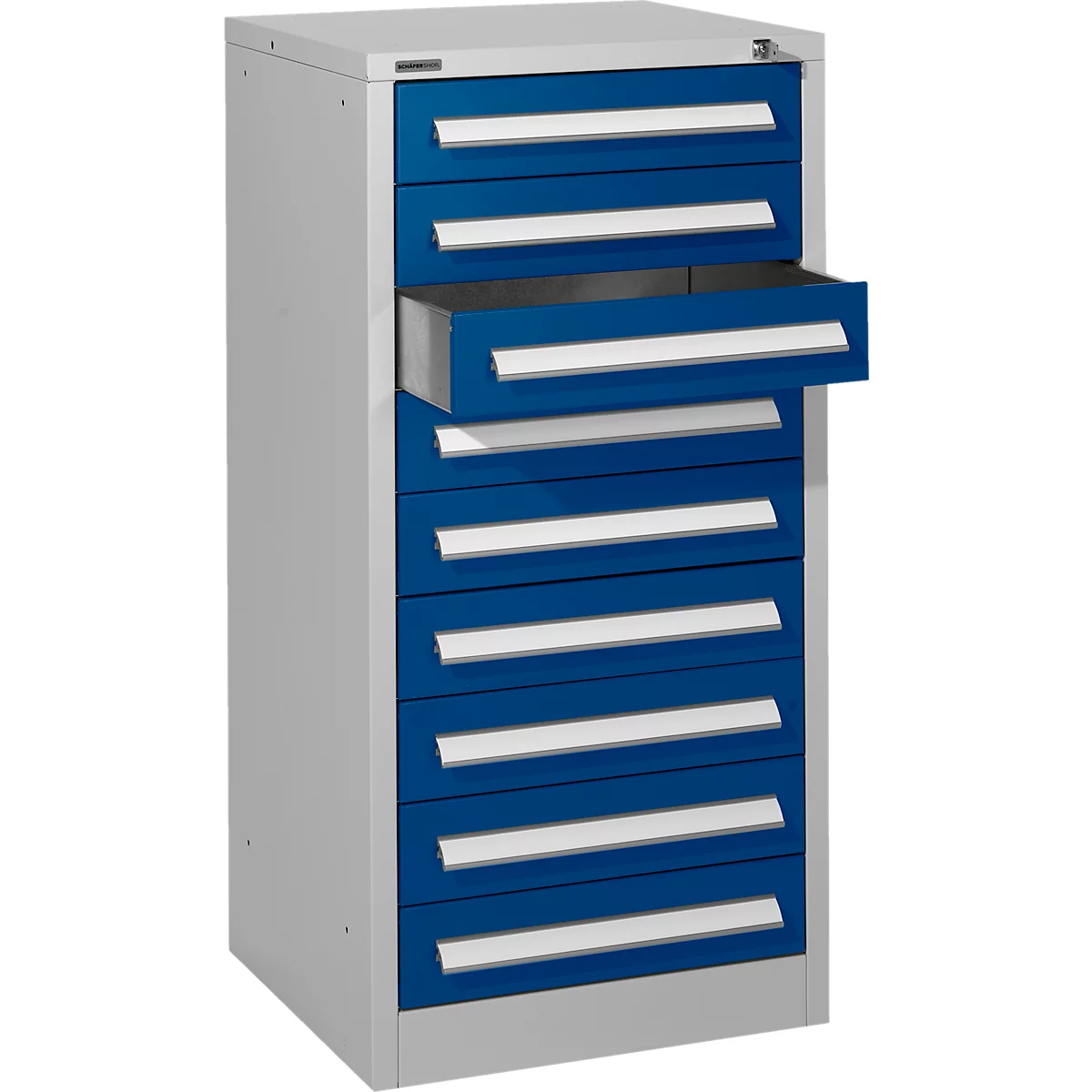 Schäfer Shop Select cajonera SF 90, 9 cajones, aluminio blanco RAL 9006 mono azul RAL 5010