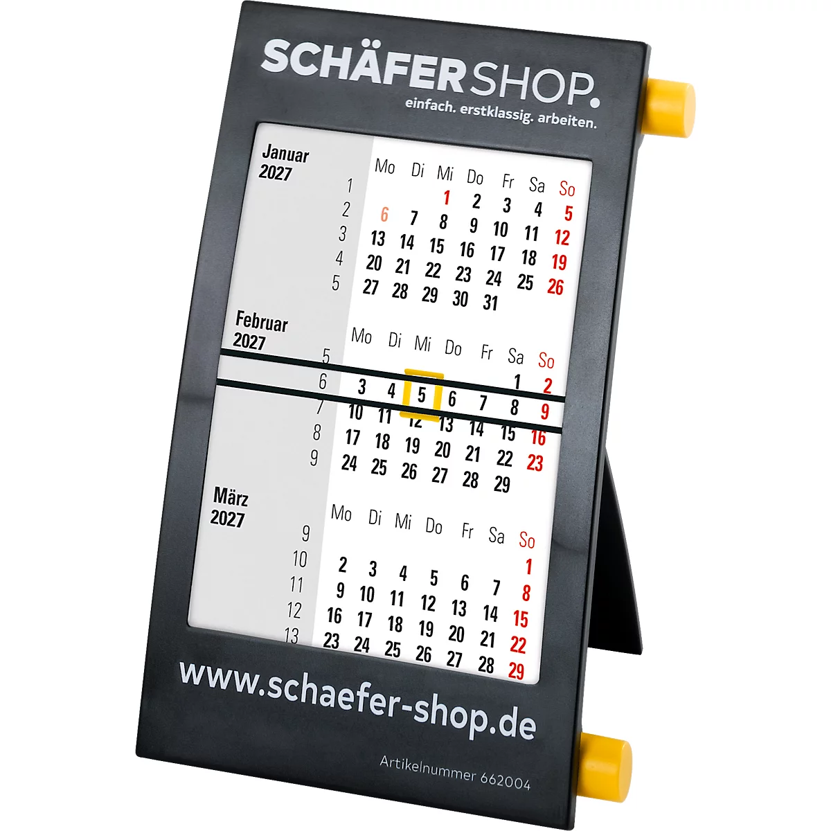 Calendrier de bureau noir avec des accents jaunes, de janvier à mars 2027. Imprimé : Schäfer Shop. www.schaefer-shop.de