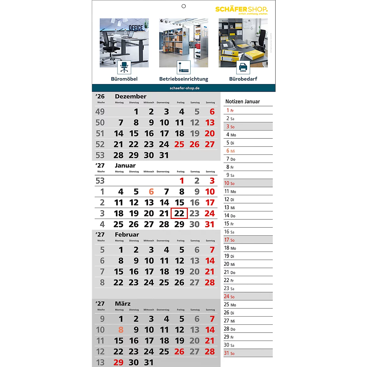 Calendrier avec les mois de décembre à mars, avec des photos de produits et le logo Schäfer Shop.