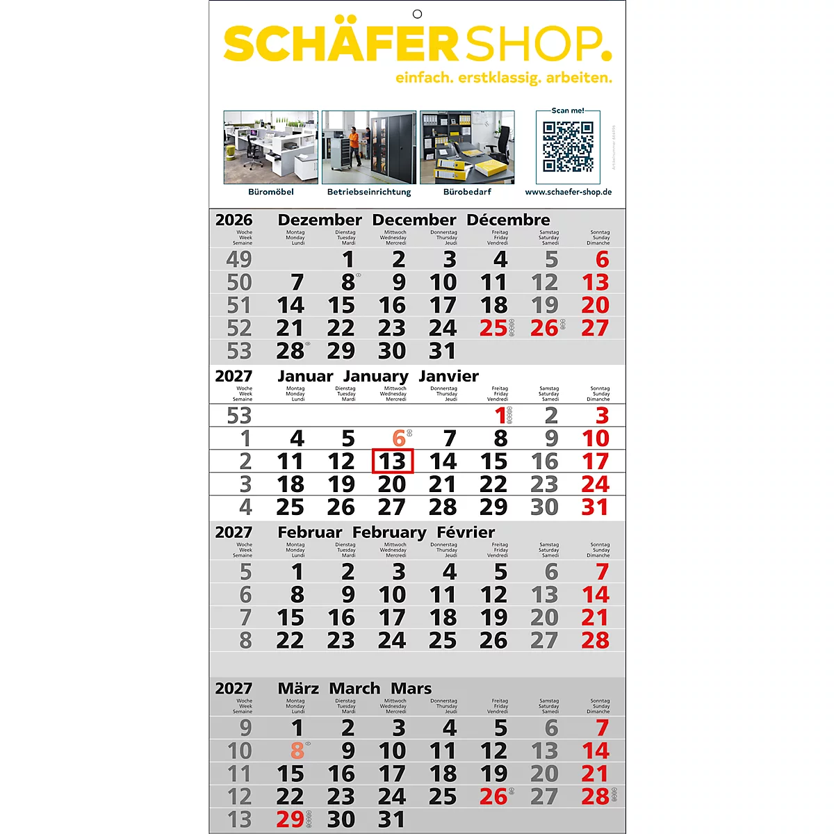 Calendrier de Schäfer Shop montrant les mois de décembre 2026, janvier, février et mars 2027. Le 13 de chaque mois est mis en évidence en rouge.