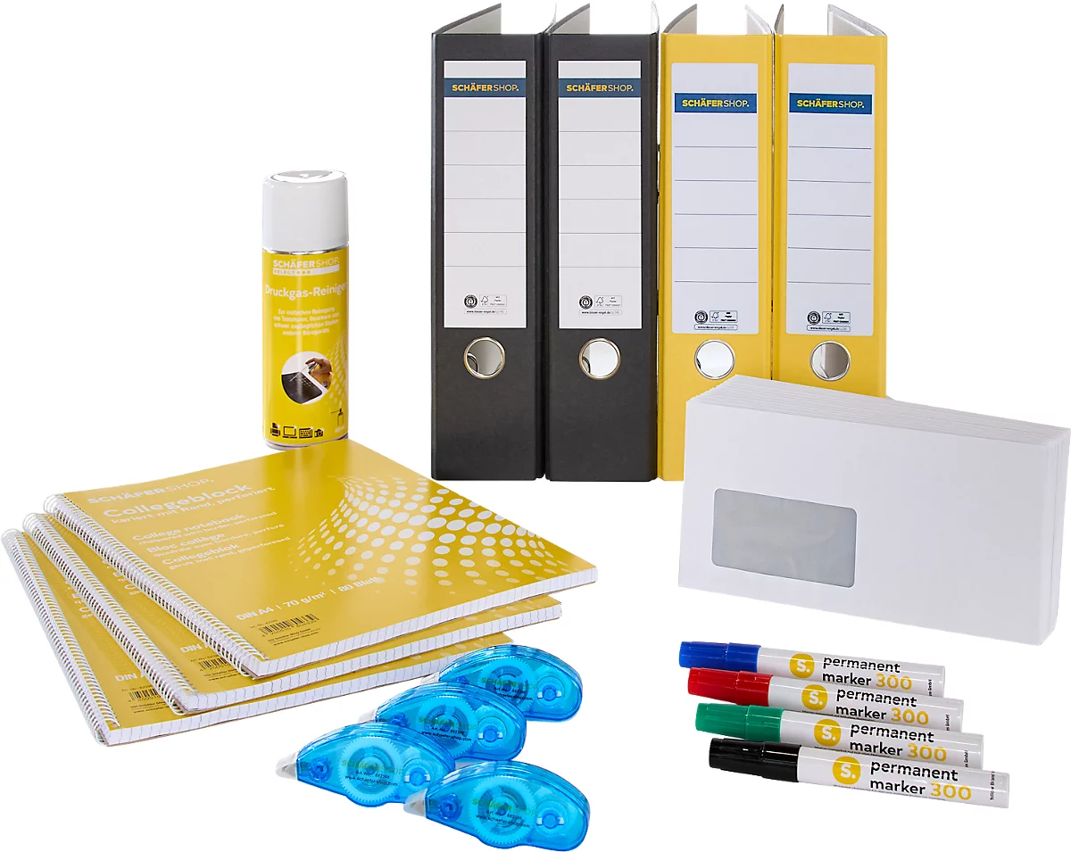 Material de oficina sobre fondo blanco: carpetas, notas adhesivas, rodillos correctores, rotuladores, sobre y spray de limpieza.