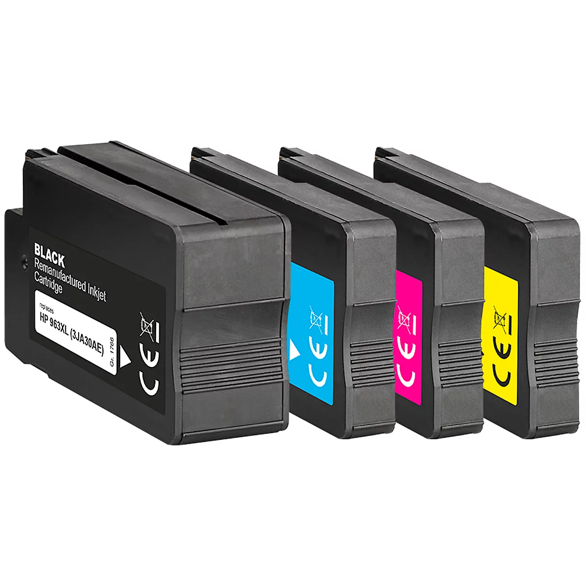 Cartouches d'imprimante en noir, bleu, rose et jaune, disposées côte à côte. Comprend des marquages CE, des détails du fabricant et des codes couleur.