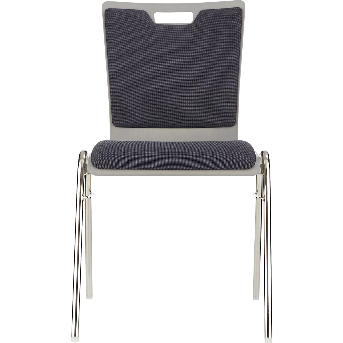 Chaise avec cadre et pieds gris, dossier et assise gris foncé, partie arrière avec poignée.