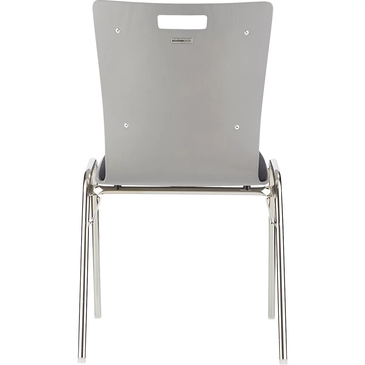 Vue arrière d'une chaise argentée. Assise et dossier gris clair. Quatre pieds chromés.