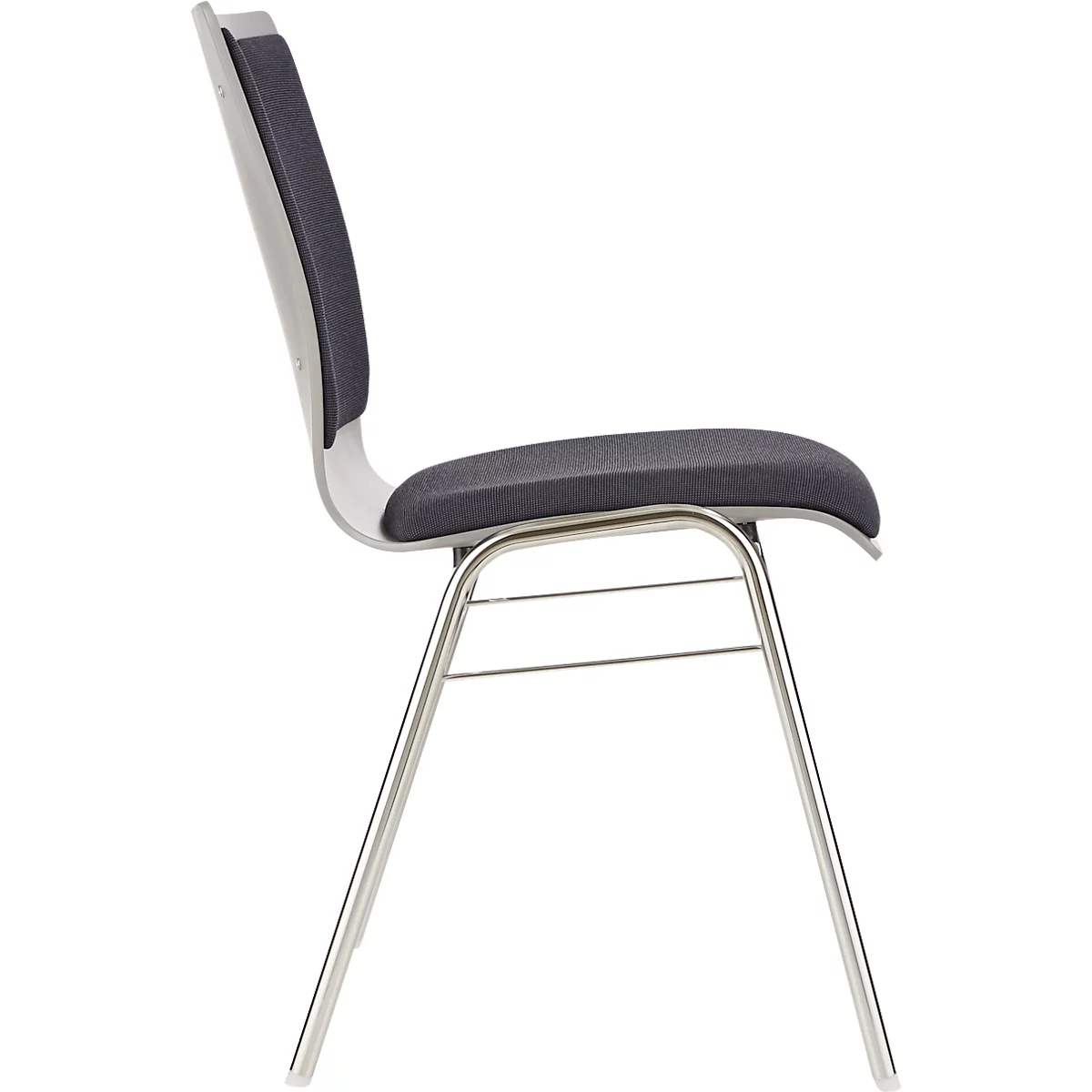 Vue latérale d'une chaise, assise et dossier gris foncé, pieds en métal argenté.