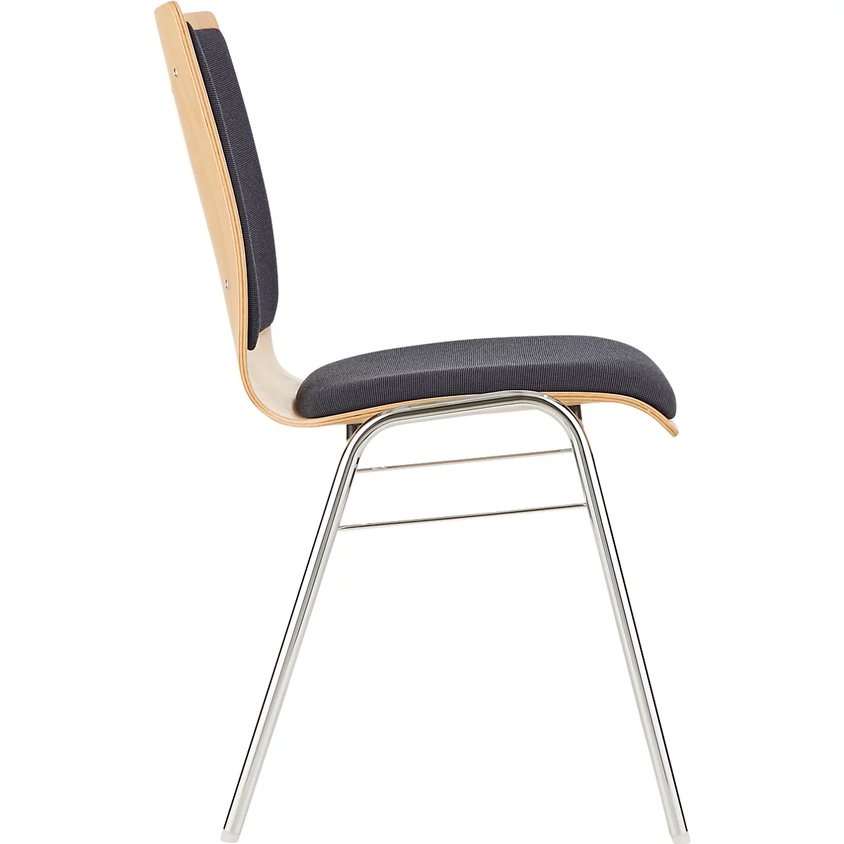 Vue latérale d'une chaise. L'assise et le dossier sont gris foncé, le cadre est en bois et les pieds sont en métal.