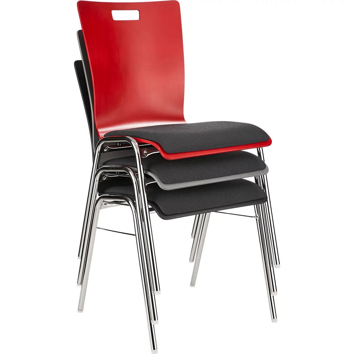 Schäfer Shop Select Chaise empilable rouge, empilable jusqu'à 10 pièces, résistante aux désinfectants, avec rembourrage en tissu, L 430 x P 410 x H 450 mm, bois &amp; acier