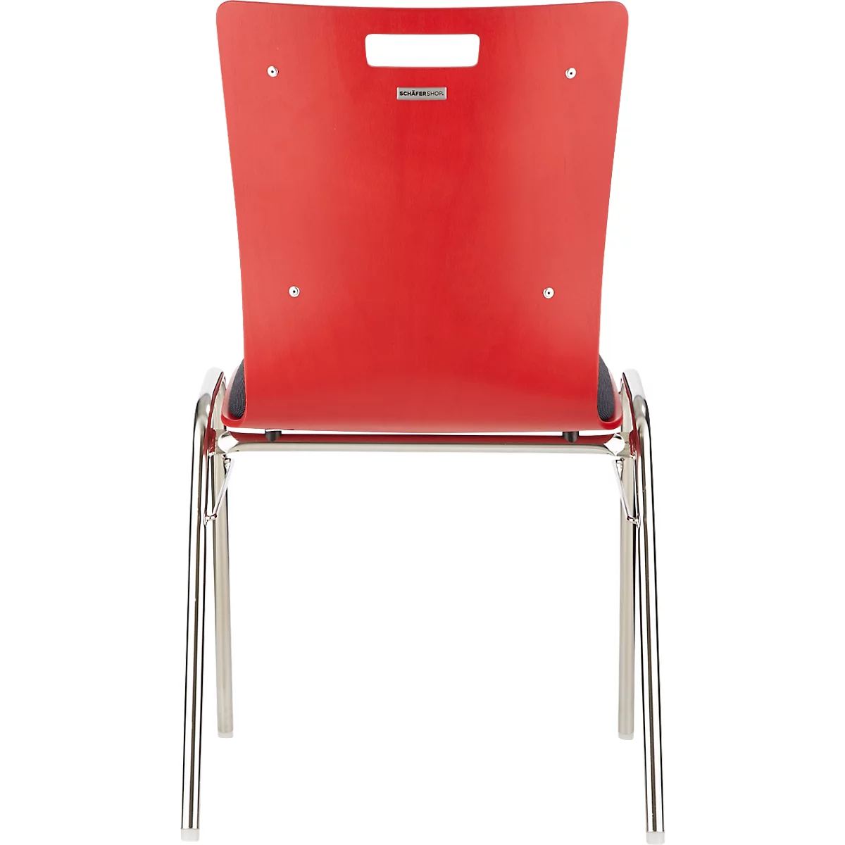 Chaise rouge avec pieds chromés, photographiée sur fond blanc.