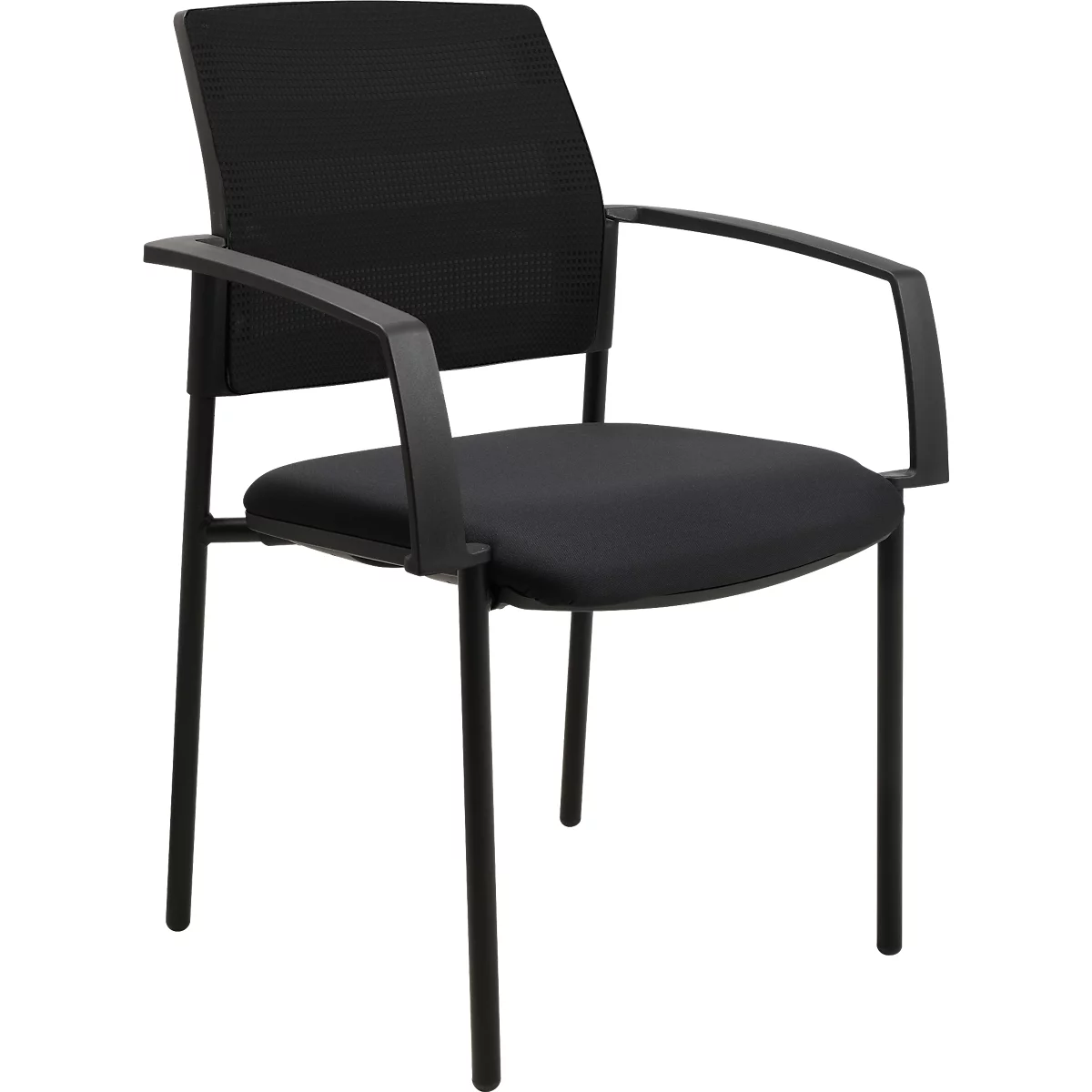 Chaise de bureau noire avec accoudoirs, assise et dossier en tissu, reposant sur quatre pieds noirs.