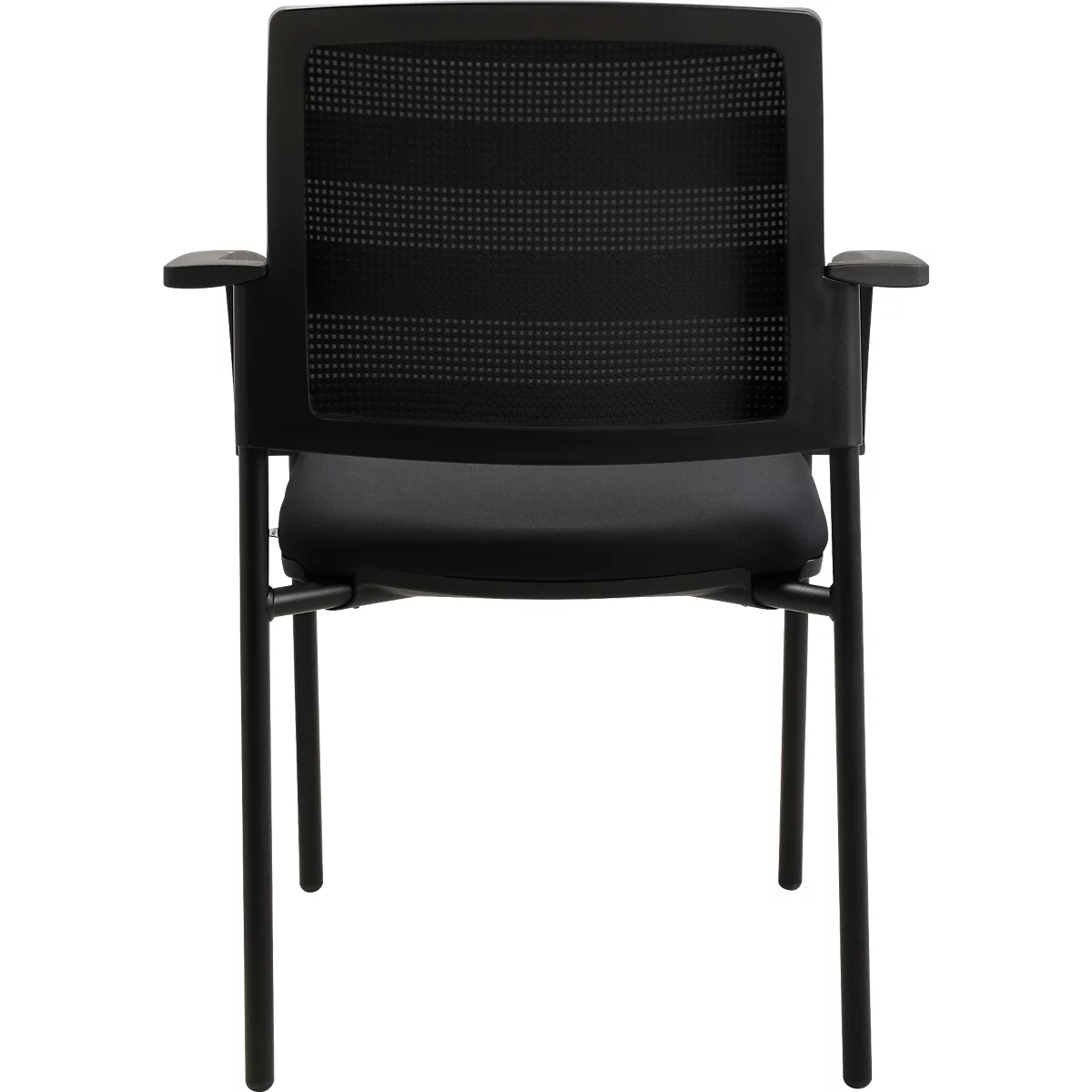 Chaise de bureau noire, dossier en tissu maillé. Accoudoirs, assise et cadre également noirs.