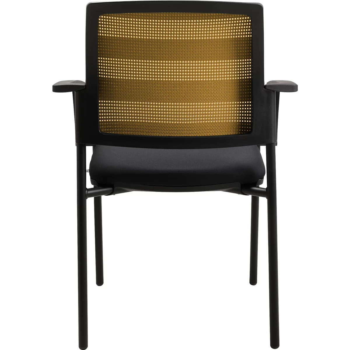 Chaise de bureau noire avec dossier en maille jaune et accoudoirs, sur fond blanc.