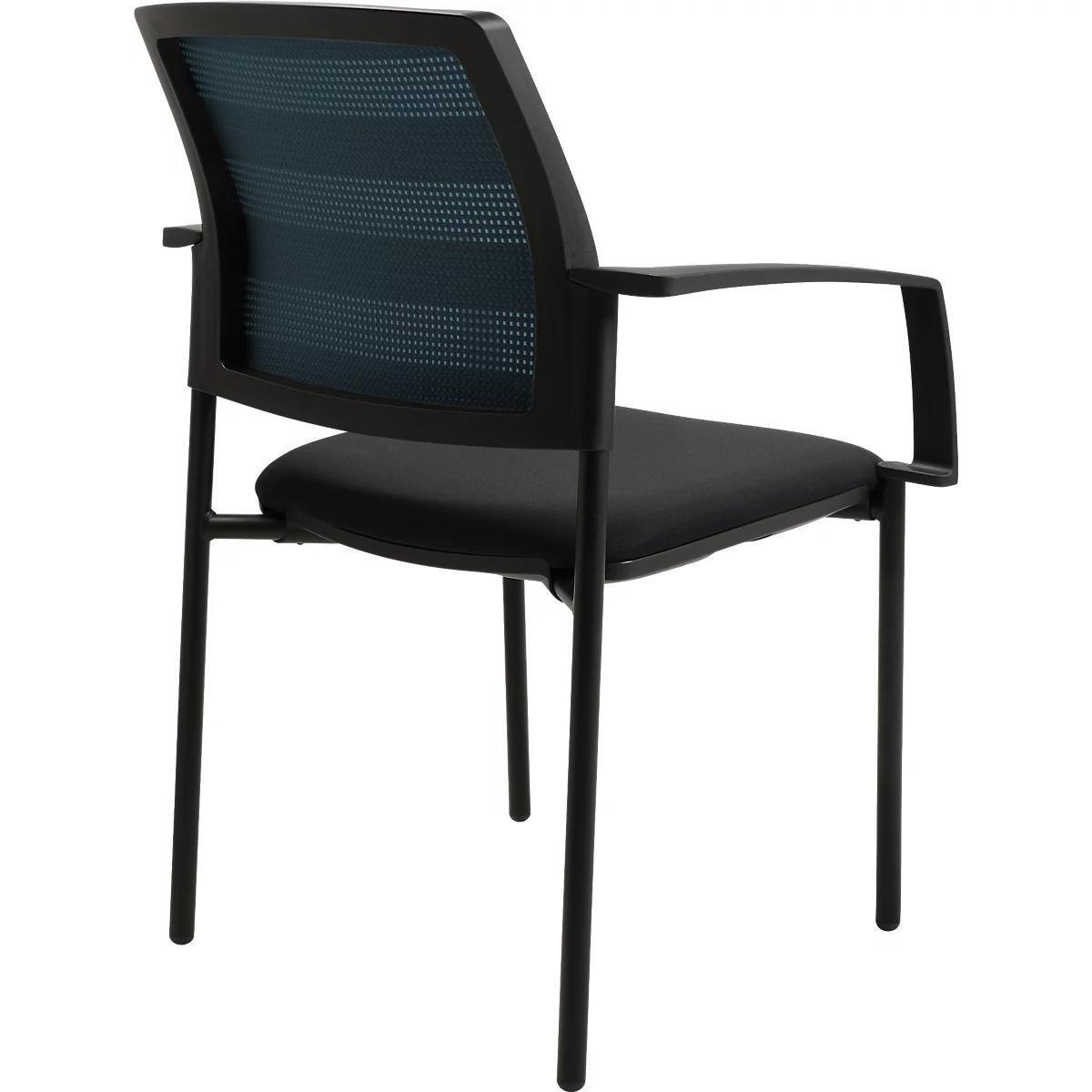 Chaise de bureau noire avec accoudoirs, dossier et assise en maille. Cadre en acier.