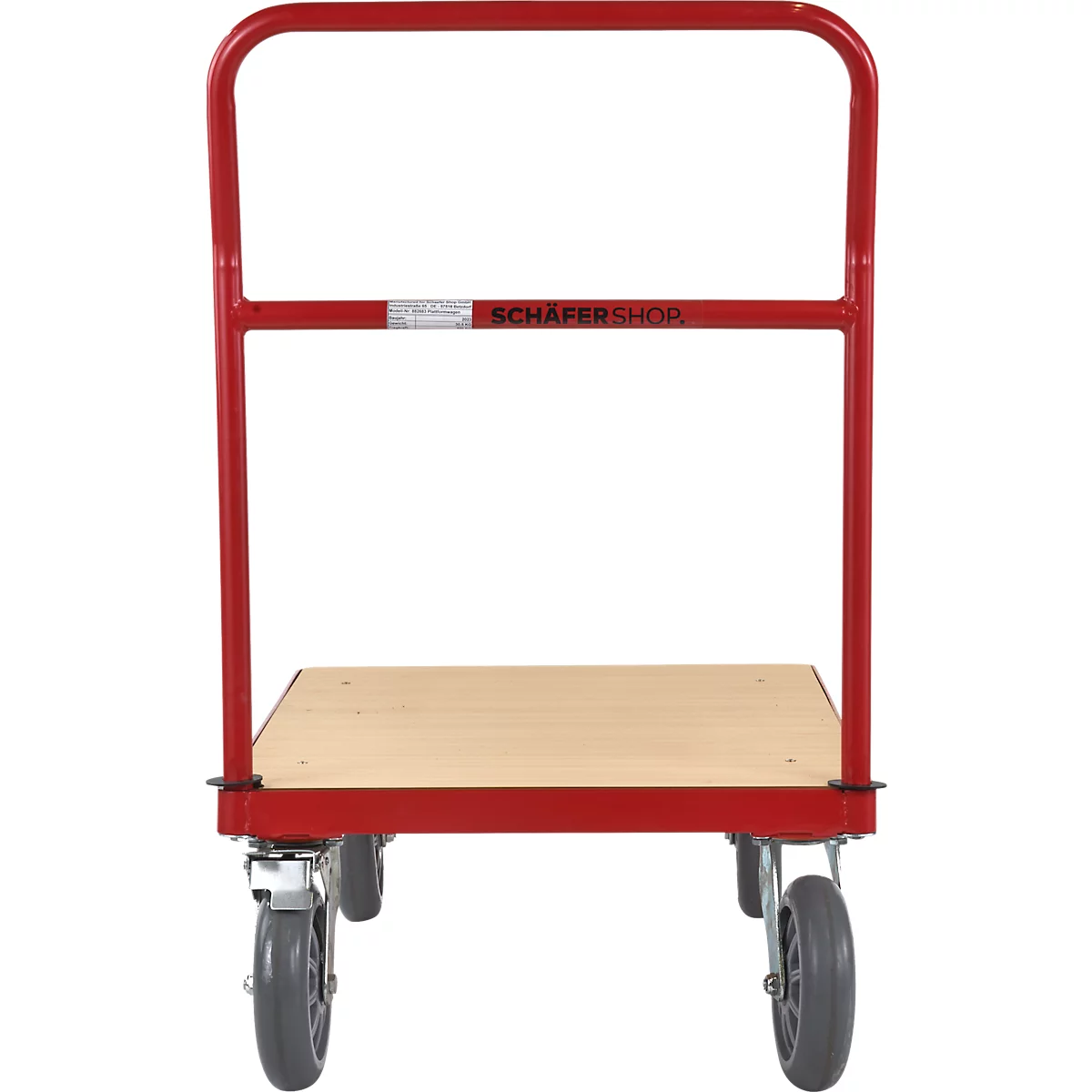Un chariot rouge avec une plate-forme en bois et des pneus en caoutchouc, photographié sur fond blanc. Le chariot porte l'inscription "SCHAFFERSHOP" en lettres rouges.
