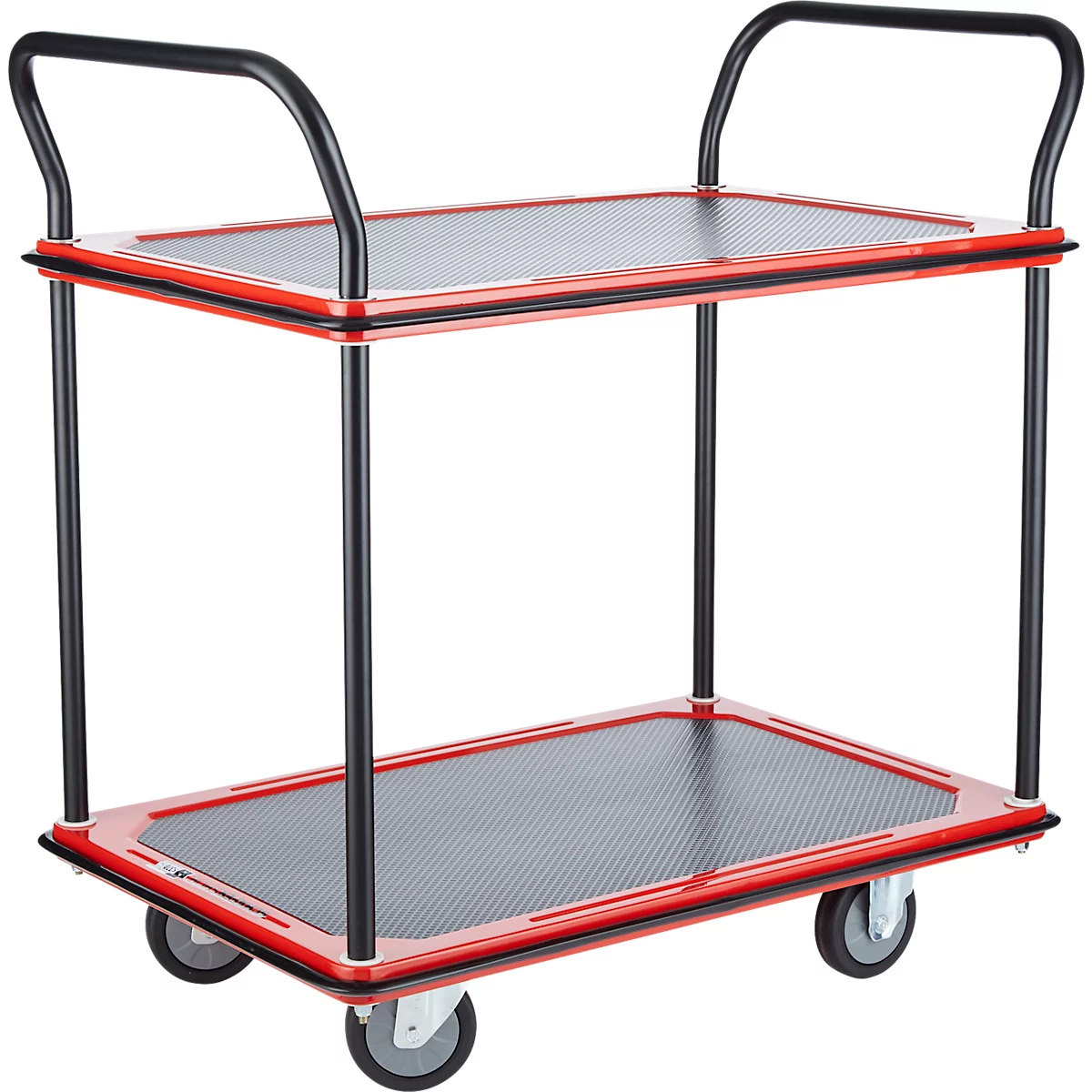 Schäfer Shop Select Chariot à plateaux 120L, 2 plateaux, acier revêtu par poudre, roues PUR, L 485 x P 710/775 x H 1000 mm, jusqu'à 220 kg, noir/rouge