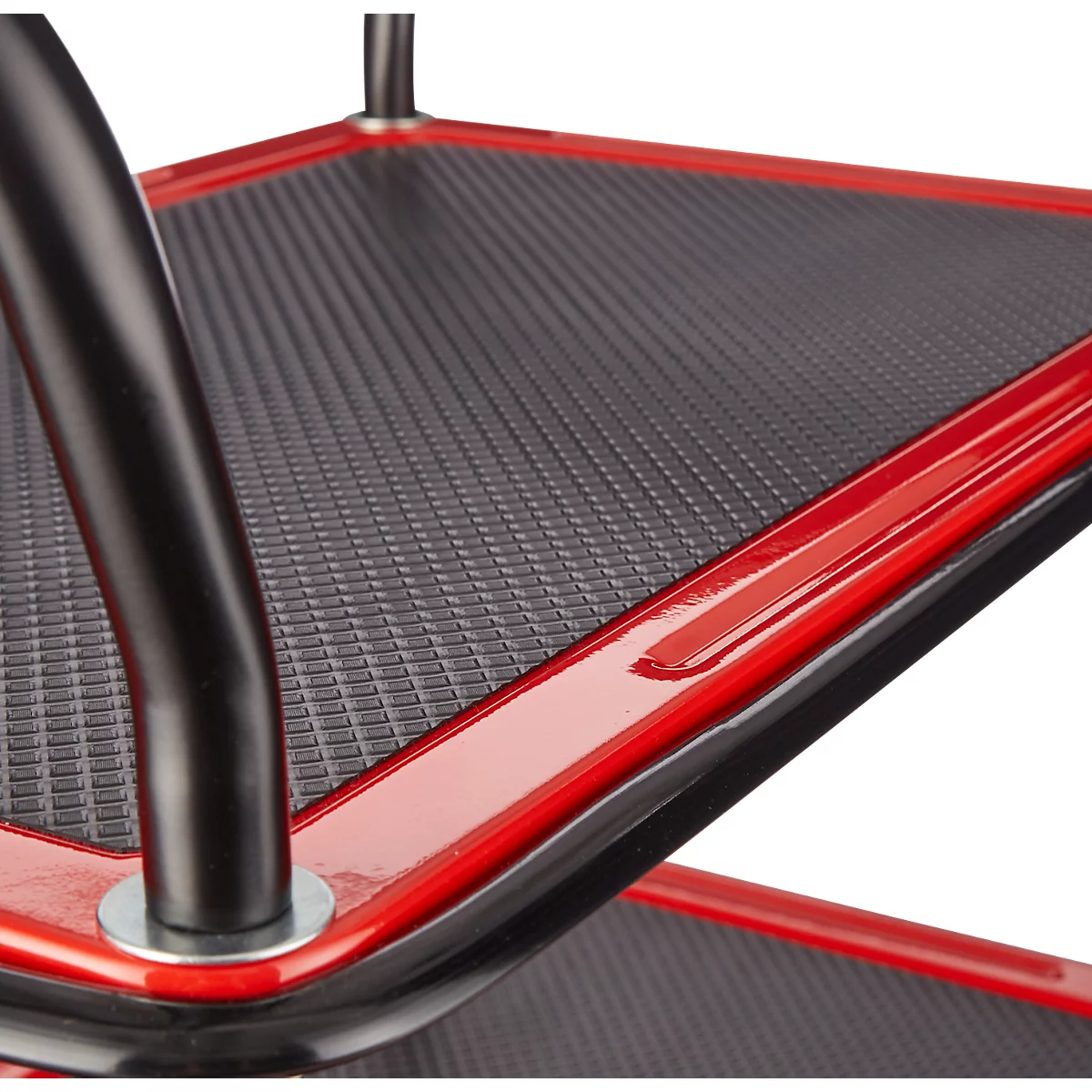 Schäfer Shop Select Chariot à plateaux 130L, 3 plateaux, acier peint époxy, roues PUR, L 485 x P 710/775 x H 1000 mm, jusqu'à 220 kg, noir/rouge